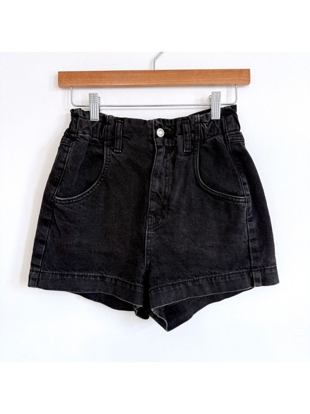 Topshop High Waisted Paperbag Black Denim Shorts Womens US 2 Cotton
